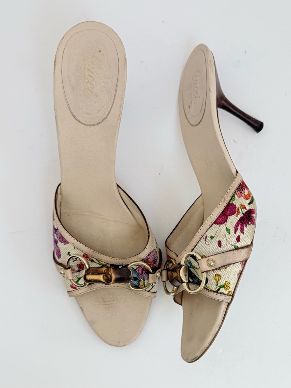Rare Gucci Flora Bamboo Horsebit Mule Heels Vintage Y2K Floral Canvas 10.5B